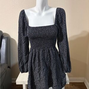 Copper Key Black Floral Smocked Square-Neck Long Sleeve Mini Dress